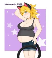 animal_ears big_belly blonde_hair blue_eyes cat_ears cat_tail catgirl hand_on_hip kemonomimi large_breasts nekomatic pregnant ready_to_pop short_hair shorts tank_top