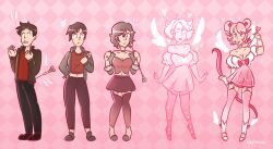 !! 1boy 1girls ;p ?? arrow arrow_in_ass black_eyes bow_(weapon) brown_hair checkered_background cupid's_arrow eye_color_change female gender_transformation hair_buns hair_color_change heart highres identity_death inkyfluffdraws magical_girl male mtf_transformation pink_eyes pink_hair rule_63 solo tagme tongue tongue_out transformation winking