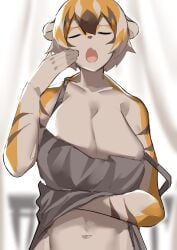 1girls anthro arknights aspirindabaitu big_breasts breasts female female_only furry mei_xiang mx99926 sleepy solo solo_female tagme tiger tiger_girl waking_up