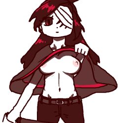 bandage_on_face bandage_over_one_eye bandages belly_button big_hair black_eyes black_hair boobs breasts breasts_out breasts_outside buddy_armstrong flashing flashing_breasts jeans lisa_(series) lisa_the_joyful lisa_the_painful long_hair mob_face nipples no_bra pants pink_nipples poncho red_hair scars scars_on_face sword third-party_edit