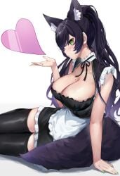 1girls animal_ear_fluff animal_ears arm_support big_breasts black_hair black_legwear blowing_kiss breasts busty choker cleavage collarbone female female_only fingernails frilled_choker frills green_eyes green_nails grey_background heart highres indie_virtual_youtuber large_breasts light-skinned_female light_skin long_hair looking_at_viewer maid meridian_project mole mole_on_breast nail_polish ouka_rara_(oukafafafa) ponytail seki_(vtuber) sitting sleeveless solo thighhighs thighs two-tone_background virtual_youtuber white_background white_choker