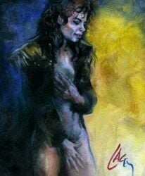 1boy black_hair bottomless celebrity closed_eyes covering_crotch curly_hair dan_lacey hand_drawn hand_on_chest jacket long_hair male male_only michael_jackson musician pose real_person solo topless