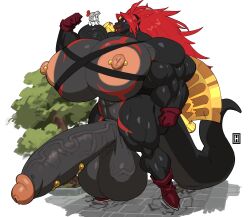 2022 abs absurd_res anthro areola armor ass axe balls barbell_piercing bicep_curl biceps big_areola big_balls big_breasts big_muscles big_penis bimbo bimbo_lip biped black_body black_scales boots breasts casual_exposure chibi clothing colored countershade_tail countershade_torso countershading digital_media_(artwork) duo eye_contact footwear frenum_piercing futanari genital_piercing genitals glans gloves gold_weapon grey_balls grey_body grey_breasts grey_countershading grey_penis gynomorph hair handwear harness headgear helm_(thehelmetguy) helmet hi_res huge_areola huge_balls huge_breasts huge_cock huge_lips huge_muscles huge_nipples humanoid_genitalia humanoid_penis hyper hyper_balls hyper_breasts hyper_genitalia hyper_lips hyper_muscles hyper_penis intersex lips long_hair long_tail looking_at_another macro markings melee_weapon mostly_nude muscular muscular_anthro muscular_gynomorph muscular_intersex nadeena nipple_barbell nipple_piercing nipples non-mammal_balls non-mammal_breasts non-mammal_nipples open_mouth penis penis_piercing piercing pink_areola pink_nipples plant plantigrade red_boots red_clothing red_eyes red_footwear red_glans red_gloves red_hair red_handwear red_markings reptile scales scalie simple_background sitting size_difference snake standing stone_floor tapering_tail thehelmetguy thick_lips tree vein veiny_balls veiny_penis weapon