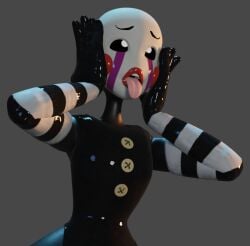 3d 3d_(artwork) ahe_gao big_lips black_eyes black_leotard classic_fnaf_2_marionette classic_fnaf_2_puppet cross-eyed female five_nights_at_freddy's five_nights_at_freddy's_2 hands_on_face hands_on_head juicy_lips leotard marionette_(fnaf) original_fnaf_2_marionette original_fnaf_2_puppet puffy_lips puppet_(fnaf) red_cheeks red_lipstick shiny_lips slim_waist striped_clothing tongue tongue_out vannifyarts white_eyes wide_hips