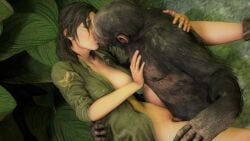 1girls 3d ape bottomless brown_hair chimpanzee closed_eyes dominant_feral embrace exposed_pussy female female_penetrated feral_dominating_female feral_dominating_human feral_on_female fit_female hairy_male hand_on_back hand_on_chest jungle kissing lara_croft lara_croft_(survivor) light-skinned_female light_skin long_hair missionary_position mktrreekky monkey open_mouth open_shirt ponytail primate romantic sex source_filmmaker submissive_female tomb_raider vagina vaginal_penetration zoophilia