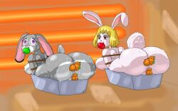 anthro apple bondage brown_eyes bunny bunny_ears bunny_tail carrot carrot_(one_piece) cooking cooking_vore cookingart female female_only furry gag grey_fur judy_hopps large_breasts medium_breasts one_piece oven purple_eyes rope_bondage sweat tray white_fur worried yellow_hair zootopia