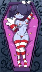 bigdeadalive bikini black_hair coffin hair_over_one_eye looking_at_viewer red_eyes sewn_mouth skullgirls smile squigly zombie_girl