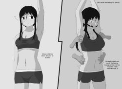 armpit_peek armpits big_breasts black_eyes black_hair crying disembodied_hand disembodied_hands dubious_consent gag gagged grey_body grey_skin greyscale long_hair majime_98899 midriff navel original original_character panels smooth_skin sports_bra sportswear text thighs tickle_fetish tickle_torture tickling trembling tummy wide_eyed