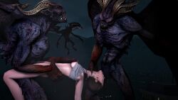 1girls 2boys 3d 3monsters bethesda_softworks blowjob brown_hair choking city_background cityscape closed_eyes crossover demon exposed_breasts exposed_pussy female flying gagging gargoyle hand_around_neck hand_on_breast hand_on_hip hand_on_neck horns missionary_position mktrreekky moira_burton monster nipples on_back oral oral_penetration oral_sex purple_skin questionable_consent resident_evil resident_evil_revelations_2 saliva saliva_drip saliva_trail shirt_lift shirt_up short_hair skyrim source_filmmaker spit spitroast tanktop the_elder_scrolls throat_swabbing tomboy upside-down vaginal_penetration winged_humanoid wings