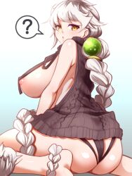 ? alternate_costume aran_sweater areolae arm_support ass asymmetrical_hair backwards_virgin_killer_sweater bare_arms bare_legs bare_shoulders barefoot black_sweater braid braided_ponytail breasts drawstring dress eyebrows_visible_through_hair female from_behind halterneck huge_breasts kantai_collection lips long_hair meme_attire naked_sweater nipples reverse_virgin_killer_sweater silver_hair single_braid sitting sleeveless sleeveless_turtleneck solo spoken_question_mark sweater sweater_dress taka_(sanoujo358) turtleneck turtleneck_sweater unryuu_(kantai_collection) very_long_hair virgin_killer_sweater wardrobe_error wariza yellow_eyes