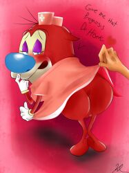 ass blue_nose blush dress dress_lift furry looking_at_viewer male_only red_fur ren_and_stimpy ren_hoek stimpy stimpy_j._cat