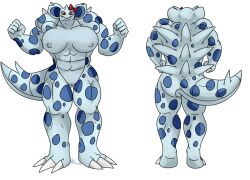 anthro anthrofied blue_scales bow claws female large_breasts muscle muscular muscular_female nelsonnoir nidorina pokemon pokemon_rgby pussy red_eyes scalie solo tail