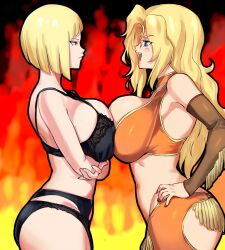 2girls arrogant big_breasts blonde_hair blunt_bangs bob_cut bra breast_docking breast_press breast_to_breast breasts bust busty comparing comparing_breasts competition competitive confident crossed_arms crossover eye_contact face_to_face female female/female female_only fire flames garter_belt garter_straps hand_on_waist history's_strongest_disciple_kenichi huge_breasts laugh laughing light-skinned_female light_skin lingerie long_hair looking_at_another looking_at_each_other looking_at_partner mature_female mocking multiple_females multiple_girls naruto naruto_(series) naruto_shippuden negresco oppai panties rachel_stanley samui serious smile smug stare staredown staring staring_at_another take_your_pick titfight voluptuous