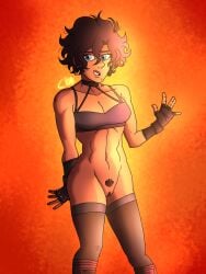 blue_eyes bottomless breasts brown_hair brown_skin chromexorannex cleavage earrings exposed_pussy female female_only jjba_oc jocelyne_joestar mole oc original_character ourobouro pinup pubic_hair pussy short_hair skirt smile thigh_highs