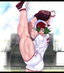 1girls avis_(strangehero) baseball baseball_cap baseball_uniform big_breasts female green_hair leg_up milf muscular_female muscular_thighs sports_uniform strangehero strong_woman suggestive tall_female thick_thighs