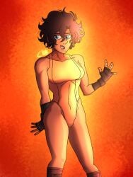 blue_eyes brown_hair brown_skin chromexorannex earrings female female_only jjba_oc jocelyne_joestar mole oc one_piece_swimsuit original_character ourobouro pinup short_hair smile