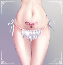 1girls border close-up commentary dated female female female_only gradient gradient_background grey_background highres lace lace_panties layered_panties legs_together lower_body narrow_waist navel original panties pubic_tattoo ribbon side-tie_panties signature solo stomach tattoo thigh_gap thighs underwear underwear_only white_border white_panties white_ribbon yanlan_feixue