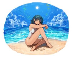 1girls alternate_costume artist_name bare_shoulders beach blue_eyes blue_hair breasts byleth_(fire_emblem) byleth_(fire_emblem)_(female) chocojax closed_mouth day expressionless female female female_only fire_emblem fire_emblem:_three_houses full_body hair_ornament horizon large_breasts looking_at_viewer lying medium_hair nintendo ocean one-piece_swimsuit outdoors sky solo swimsuit teal_hair water white_swimsuit