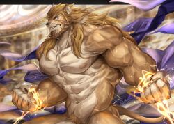 alternate_species anthro blonde_hair blonde_pubes blue_eyes electricity felid furrification hair hi_res lion male male_only mammal marvel muscular muscular_male pantherine pubes rabbity solo thor_(marvel)