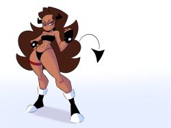 breasts brown_hair dark-skinned_female dark_skin demon demon_horns demon_tail fingerless_gloves garter_band hourglass_figure long_hair navel ohthesunnyside panties parttimepunkart ready_to_fight sports_bra succubus sunny_(ohthesunnyside) thong white_background