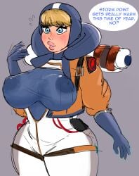 apex_legends areolae_visible_through_clothing backpack big_breasts blonde_hair blue_eyes clothes dialogue nicechan see-through wattson_(apex_legends)