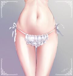 border close-up dated female gradient gradient_background grey_background highres lace lace_panties layered_panties legs_together lower_body narrow_waist navel original panties ribbon side-tie_panties signature solo stomach thigh_gap thighs underwear underwear_only white_border white_panties white_ribbon yanlan_feixue