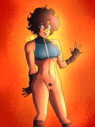 bikini_top blue_eyes bottomless brown_hair brown_skin chromexorannex earrings exposed_pussy female female_only jjba_oc jocelyne_joestar mole oc original_character ourobouro pinup pubic_hair pussy short_hair smile swimsuit