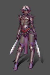 1boy 2:3 armor balls barely_visible_balls barely_visible_genitalia boobsgames clothing dark_elf dual_wielding elf femboy femboy_elf_(warlock_and_boobs) genitals girly grey_skin hi_res holding_object holding_weapon loincloth male male_only melee_weapon nipples pointy_ears red_eyes solo sword unconvincing_armor warlock_and_boobs weapon