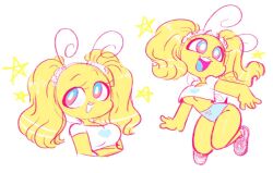 antennae anthro bee booty_shorts breasts cheerful crop_top happy insect_girl insect_wings ohthesunnyside sneakers stars stinger sugar_(ohthesunnyside) thighs twintails underboob white_background yellow_body