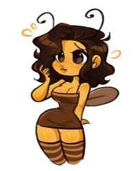 1girls antennae anthro bee brown_dress brown_eyes brown_hair dress female_only hourglass_figure insect_girl insect_wings miniskirt nervous_sweat oc ohthesunnyside partially_clothed plump_lips short_hair stinger stockings thighs white_background yellow_body