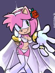 1girls amy_rose big_breasts bracelet furry furry_only gloves green_eyes grey_background just_married looking_at_viewer married married_woman nervous_smile pink_fur rose sega sonic_(series) sonic_the_hedgehog_(series) sooperman wedding_band wedding_dress wedding_lingerie wedding_ring white_gloves