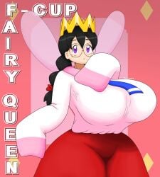 2022 black_hair crown dress fairy fairy_queen fairy_wings female freckles glasses hi_res huge_breasts kirby_(series) kirby_64 kirby_64:_the_crystal_shards long_sleeves megane nintendo purple_eyes queen queen_ripple round_glasses royalty solo text touhoufan twin_braids twintails