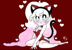 blue_eyes blush blush bunnysuit cat_ears cat_ears_hairband cat_tail chest_tuft choker cloud cloud_9_(ohthesunnyside) cloud_humanoid cloud_woman garter_band headband heart long_hair long_legs looking_at_viewer ohthesunnyside on_knees pink_hair red_background white_body white_hair