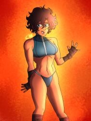 blue_eyes brown_hair brown_skin chromexorannex earrings female female_only jjba_oc jocelyne_joestar mole oc original_character ourobouro pinup short_hair smile swimsuit two_piece_swimsuit