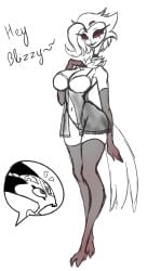 absurd_res anthro avian bird blitzo_(helluva_boss) breasts clothed clothing demon dialogue duo female female_stolas fluffy fluffy_tail fur helluva_boss hi_res horn humanoid imp male male/female mature_female monochrome multi_eye nipple_outline owl partially_clothed red_eyes rule_63 smile stolas_(helluva_boss) zzvinniezz