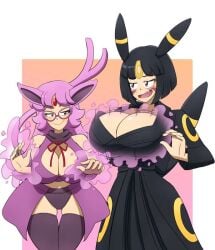 black_hair blush breast_expansion breasts cleavage cosplay emie_(kobi) espeon glasses hi_res kobi-tfs kobi_(kobi) large_breasts nintendo pokemon pokemon_(cosplay) purple_hair red_eyes thick_thighs thigh_gap thighhighs umbreon