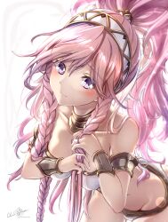 1girls absurdres artist_name ass bare_shoulders big_ass blush bracelet braid braided_hair braids breasts clear_glass_(mildmild1311) cleavage collar collarbone dancer dancer_outfit eyebrows_visible_through_hair female female_only fire_emblem fire_emblem_awakening groin hairband highres jewelry leaning_forward long_hair looking_at_viewer medium_breasts midriff navel nintendo olivia_(fire_emblem) panties pink_hair ponytail purple_eyes revealing_clothes shy signature simple_background smile solo underwear very_long_hair white_background white_hairband white_panties wrist_cuffs wristband