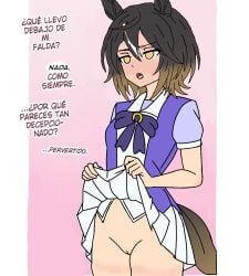 artist_name blushing bush curimomo flashing flat_chest horse_ears horse_girl horse_tail lifting_own_clothes pussy showing_pussy skirt skirt_lift spanish_text stay_gold_(umamusume) text umamusume