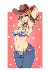 1girl 4th_of_july absurdres american_flag american_flag_bikini american_flag_print armpits arms_behind_back bare_shoulders belt big_breasts bikini bikini_top_only blonde_hair blue_eyes breasts cleavage collarbone commentary cowboy_hat cowboy_shot dated dead_or_alive denim flag_print flag_print_bikini fourth_of_july hat highres jeans jewelry large_breasts lips long_hair looking_at_viewer navel necklace no_shirt one_eye_closed outline pants print_bikini ravenousruss smile solo star_(symbol) stomach swimsuit tina_armstrong white_outline