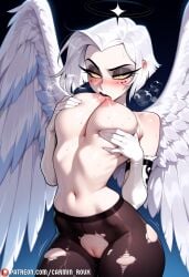 1girl ai_generated angel angel_wings artist_name black_pantyhose blue_background blush breast_sucking breasts breath carminroux cleft_of_venus cowboy_shot elbow_gloves eyeshadow facial_mark facial_tattoo feathered_wings gloves grabbing_own_breast gradient_background halo hazbin_hotel hazbin_hotel_(season_2) heart large_breasts licking licking_nipple lute_(hazbin_hotel) makeup narrow_waist navel nipple_stimulation nipples pantyhose patreon_username pussy pussy_juice short_hair simple_background solo standing stomach sweat tongue tongue_out topless torn_clothes torn_pantyhose trembling uncensored v-shaped_eyebrows web_address white_gloves white_hair white_wings wings yellow_eyes