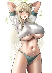 1girls arms_behind_head arms_up blonde_hair blue_archive blue_panties blush breasts cleavage crop_top female green_eyes hair_rings halo huge_breasts long_hair navel no_bra no_bra_under_clothes nonomi_(blue_archive) open_mouth panties shirt side_bun smile solo standing sweat t-shirt tf_cafe underboob underwear white_background white_shirt