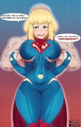 1boy 1girls aes_art alien alien_girl alien_humanoid blonde_hair blue_eyes blush breast_grab cameltoe clothed dc female kara_zor-el kryptonian male my_adventures_with_superman nipple_bulge nude nude_male short_hair supergirl superhero_costume superheroine superman_(series)