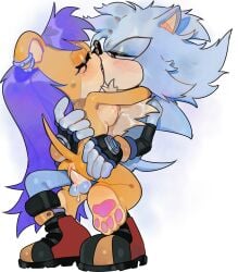 1boy 1girls archie_comics areolae breasts_against_chest ear_piercing earrings eyes_closed fan_character fingerless_gloves fluffy french_kiss lidded_eyes light_blue_fur mina_mongoose nipples original_character pawpads paws pinklilim purple_hair pussy red_eyes sonic_(series) sonic_oc sonic_the_hedgehog_(archie) sonic_the_hedgehog_(comics) sonic_the_hedgehog_(series) vaginal_penetration vaginal_sex yellow_fur