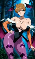 ai_generated aurea_juniper bat_wings bridal_gauntlets brown_hair covered_navel darkstalkers forest large_breasts leotard mature_female milf moon morrigan_aensland morrigan_aensland_(cosplay) night pantyhose pixai pokemon pokemon_bw pokemon_bw2 short_hair smile tagme wings woods