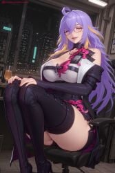1girl ahoge ai_generated bare_shoulders black_footwear boots breasts cleavage fadia_(neverness_to_everness) glasses gloves hi_res high_heel_boots high_heels high_quality high_resolution kiraamane large_breasts long_hair looking_at_viewer multicolored_hair nail_polish neverness_to_everness patreon purple_hair seductive sexy sitting solo thigh_boots thighhighs two-tone_hair uncensored watermark