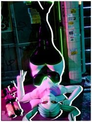 3d 3d_art 3d_render alleyway areola ass barefoot breasts buttocks cd_projekt_red cyberpunk_edgerunners cyberware explicit feet female glowing_tattoo green_hair gun highres human_female large_breasts legs_up lying lying_on_back neon_light nipples outdoors peace_sign puddle rebecca_(cyberpunk) shotgun sole_focus solo studio_trigger tattoo toes twin_tails upside_down visiuun weapon wet woman