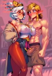 1boy 1girls abs ai_generated bare_arms bare_shoulders big_breasts blonde_hair blue_eyes blush bulge color english_text female gigiti hi_res large_breasts light-skinned_female light_skin link link_(tears_of_the_kingdom) male male/female muscles muscular muscular_male purah purah_(tears_of_the_kingdom) red_eyes short_hair text the_legend_of_zelda the_legend_of_zelda:_tears_of_the_kingdom thick_thighs trogiai white_hair