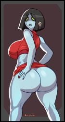 2018 2d_(artwork) bare_ass big_ass blue-skinned_female breasts earrings eurydice_(vendant) ghost_girl hand_on_ass legs no_underwear original original_character rear_view robotjoe sharp_teeth short-haired_female sideboob skull_earrings thighs undead waist