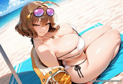 1girl ai_generated anis_(nikke) anis_(sparkling_summer)_(nikke) big_breasts bikini brown_hair female goddess_of_victory:_nikke huge_breasts mature_female nikke revoaru swimsuit thick_thighs thighs