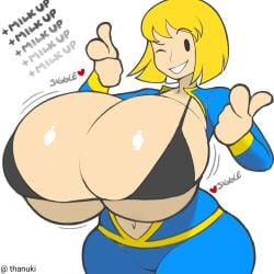 1girls 2d 2d_(artwork) big_breasts breast_expansion breasts breasts_bigger_than_head clothed clothed_female commission exposed_breasts fallout fallout_(series) finger_gun fingerguns huge_boobs huge_breasts hyper hyper_breasts looking_at_viewer mob_face thanuki vault_girl winking winking_at_viewer